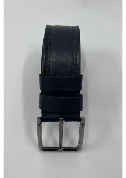 Lacivert Suni Deri Çift Dikişli Düz Erkek Kemer 7221
