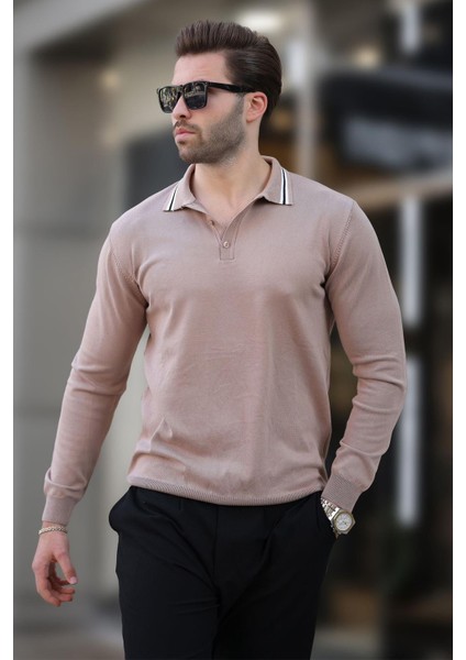 Bej Polo Yaka Düğmeli Uzun Kollu Kazak 7269