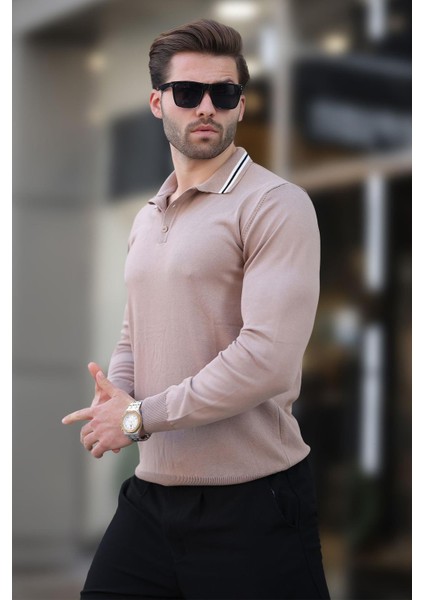 Bej Polo Yaka Düğmeli Uzun Kollu Kazak 7269 fiyatları