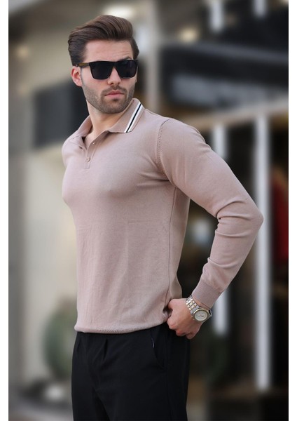 Bej Polo Yaka Düğmeli Uzun Kollu Kazak 7269 modelleri