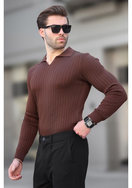 Kahverengi Polo Yaka Çizgili Uzun Kollu Erkek Kazak 7289