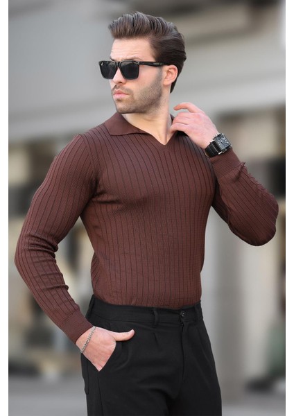 Kahverengi Polo Yaka Çizgili Uzun Kollu Erkek Kazak 7289 fiyatları