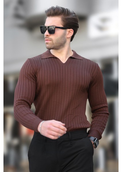 Kahverengi Polo Yaka Çizgili Uzun Kollu Erkek Kazak 7289 modelleri