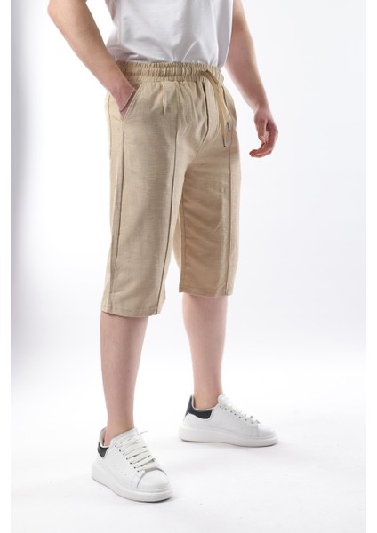 Bej Erkek Keten Kapri Şort 6538