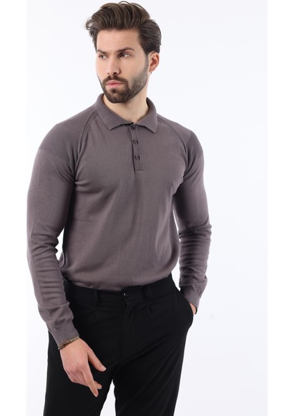 Koyu Gri Polo Yaka Dokulu Uzun Kollu Kazak E7264