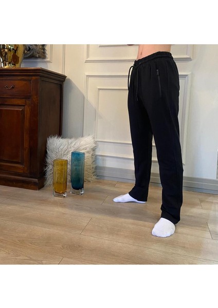 Erkek Siyah Standart Fit Normal Kesim 2 Iplik Cepli Rahat Pamuklu Jogger Eşofman Altı - Ultra Kalite