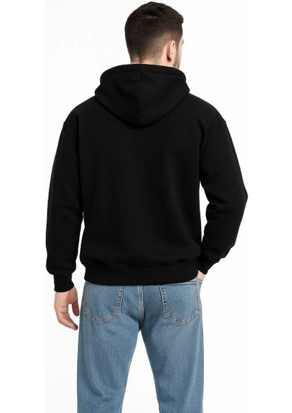Kapüşonlu Sweatshirt Hoodie 3 Iplik Şardonlu Pamuklu Kumaş, Önü Baskılı, Fermuarlı Rahat Kalıp, Kışlık ve Sokak Stili Sweat - Siyah modelleri