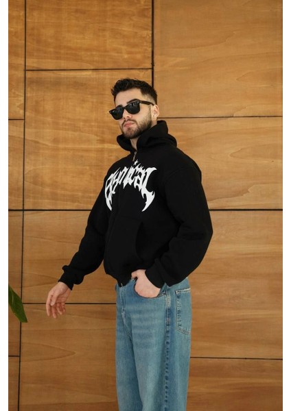 Kapüşonlu Sweatshirt Hoodie 3 Iplik Şardonlu Pamuklu Kumaş, Önü Baskılı, Fermuarlı Rahat Kalıp, Kışlık ve Sokak Stili Sweat - Siyah fırsatları