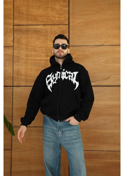 Kapüşonlu Sweatshirt Hoodie 3 Iplik Şardonlu Pamuklu Kumaş, Önü Baskılı, Fermuarlı Rahat Kalıp, Kışlık ve Sokak Stili Sweat - Siyah indirimleri