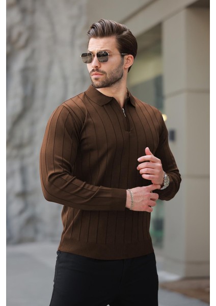 Vizon Polo Yaka Fermuarlı Örme Kazak 7242