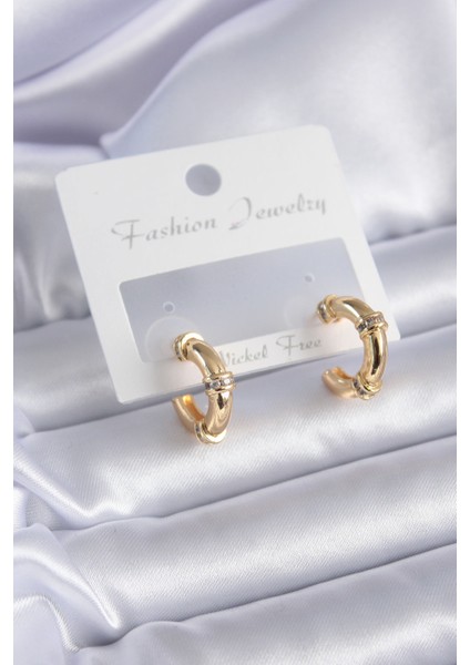 Gold Renk Zirkon Taş Detay Halka Model Pirinç Kadın Küpe - Lisinya