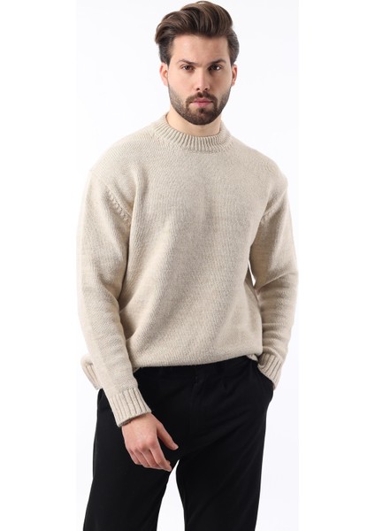 Bej Bisiklet Yaka Overfit Erkek Triko Kazak E7402