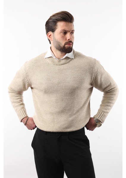 Bej Bisiklet Yaka Overfit Erkek Triko Kazak E7402 fiyatları