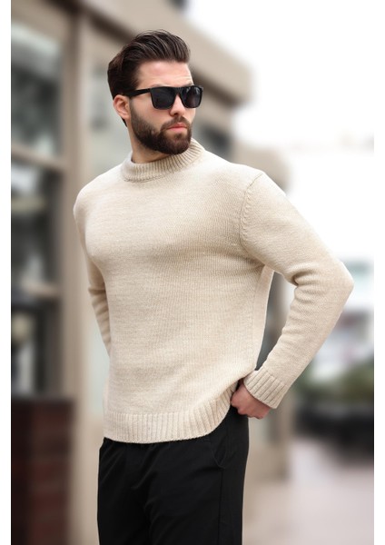 Bej Bisiklet Yaka Overfit Erkek Triko Kazak E7402 fırsatları