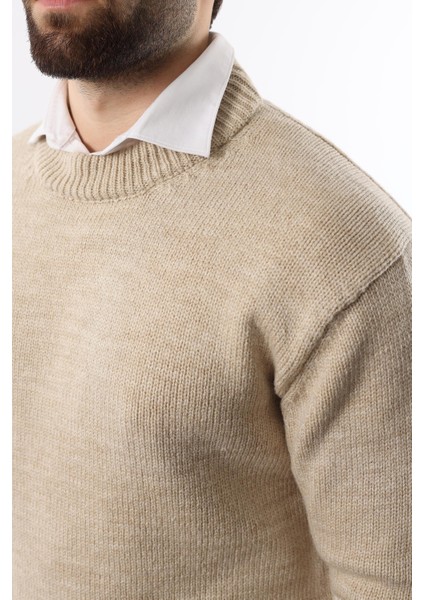 Bej Bisiklet Yaka Overfit Erkek Triko Kazak E7402