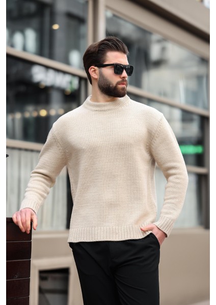 Bej Bisiklet Yaka Overfit Erkek Triko Kazak E7402