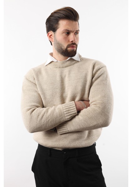 Bej Bisiklet Yaka Overfit Erkek Triko Kazak E7402