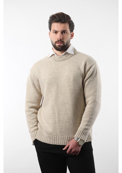 Bej Bisiklet Yaka Overfit Erkek Triko Kazak E7402