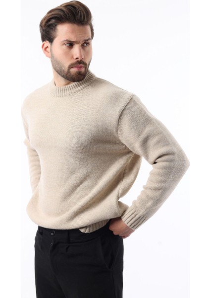 Bej Bisiklet Yaka Overfit Erkek Triko Kazak E7402