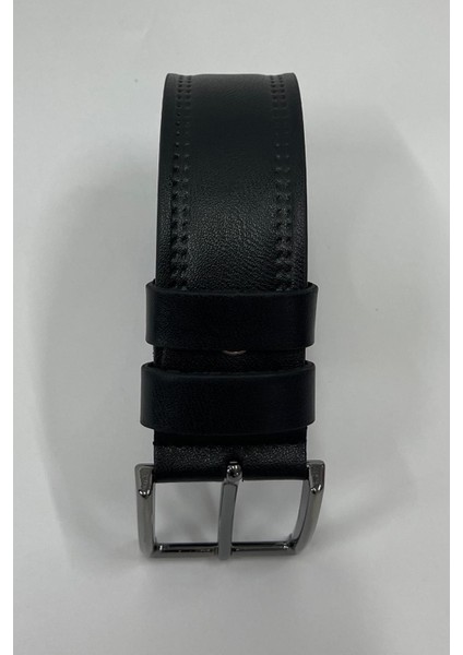 Siyah Suni Deri Çift Dikişli Düz Erkek Kemer 7221