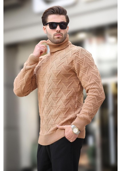 Camel Balıkçı Yaka Desenli Erkek Kazak E7292