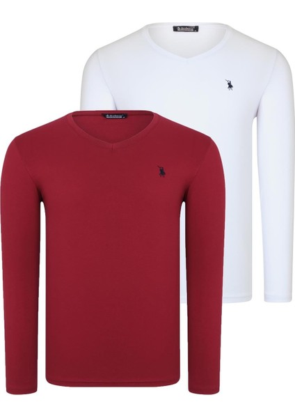 Ikili Set T8587 Dewberry V Yaka Erkek Sweatshırt-Beyaz-Bordo