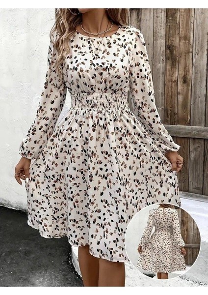 Kadın Uzun Kollu Bot Yaka Beli Lastikli Midi Süprem Elbise