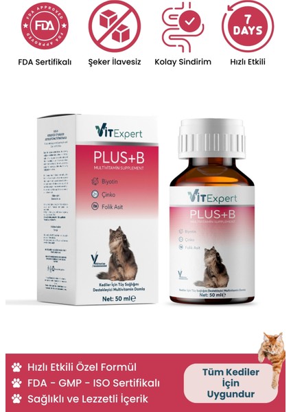 Plus B Tüm Kediler Için Tüy Dökülmesi Önleyici Tüy Sağlığı Destekleyici Multi Vitamin Damla 50 ml