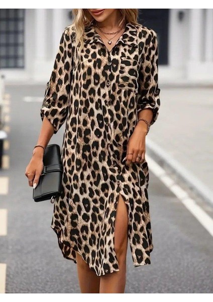 Kadın Uzun Kollu Yakalı Önden Düğmeli Leopar Desenli Modal Midi Elbise fırsatları