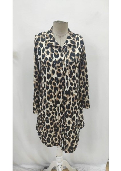 Kadın Uzun Kollu Yakalı Önden Düğmeli Leopar Desenli Modal Midi Elbise
