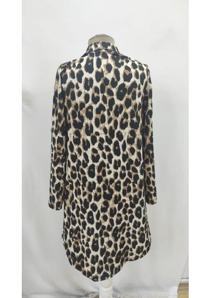 Kadın Uzun Kollu Yakalı Önden Düğmeli Leopar Desenli Modal Midi Elbise