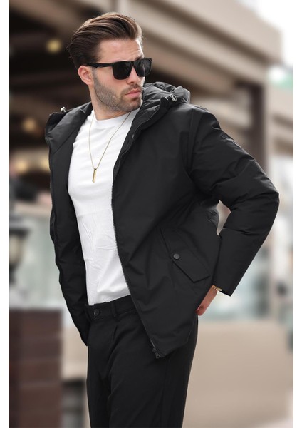 Siyah Kapüşonlu Cepli Erkek Şişme Mont E7238
