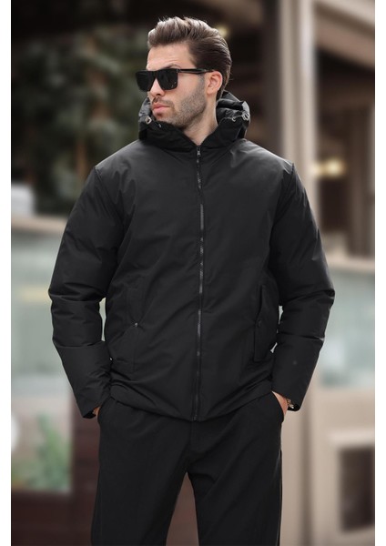 Siyah Kapüşonlu Cepli Erkek Şişme Mont E7238 fiyatları