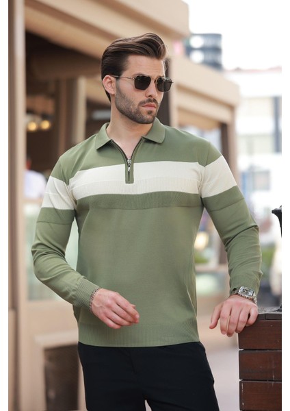 Haki Fermuarlı Polo Yaka Çizgili Uzun Kollu Kazak E7288