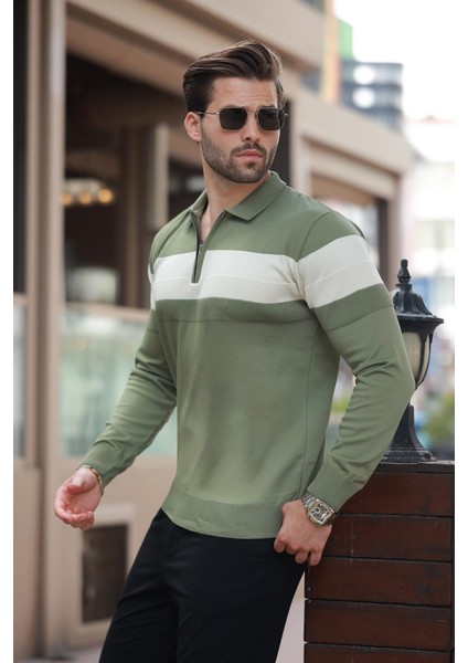 Haki Fermuarlı Polo Yaka Çizgili Uzun Kollu Kazak E7288 fiyatları