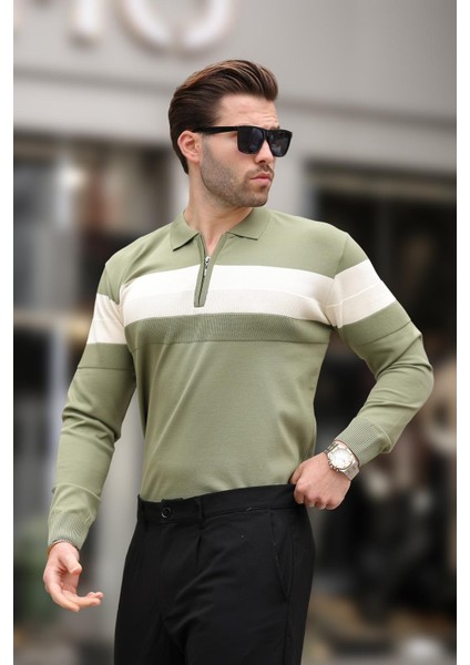 Haki Fermuarlı Polo Yaka Çizgili Uzun Kollu Kazak E7288 modelleri