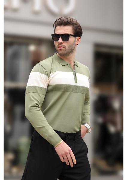 Haki Fermuarlı Polo Yaka Çizgili Uzun Kollu Kazak E7288 fırsatları