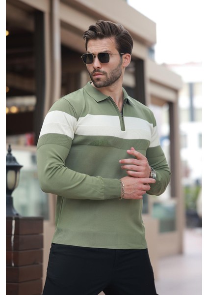 Haki Fermuarlı Polo Yaka Çizgili Uzun Kollu Kazak E7288