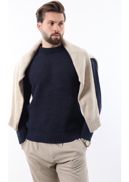 Lacivert Bisiklet Yaka Overfit Erkek Triko Kazak E7402 modelleri