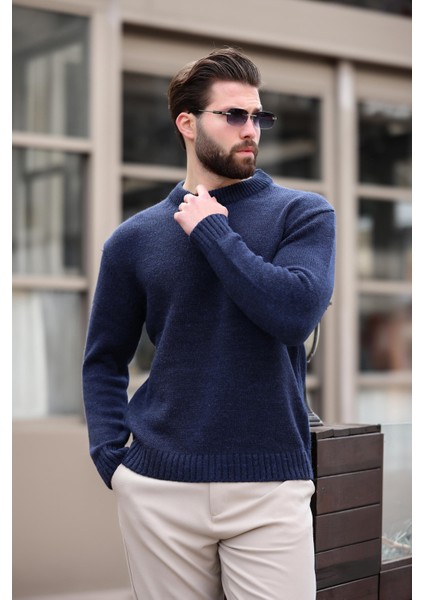 Lacivert Bisiklet Yaka Overfit Erkek Triko Kazak E7402