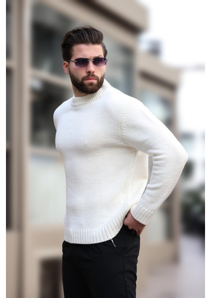 Ekru Bisiklet Yaka Overfit Erkek Triko Kazak E7402