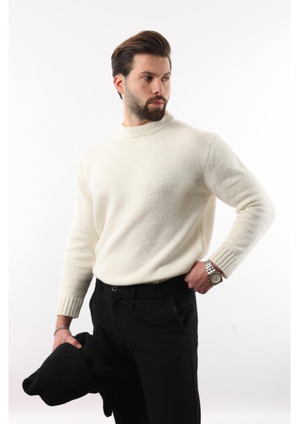 Ekru Bisiklet Yaka Overfit Erkek Triko Kazak E7402