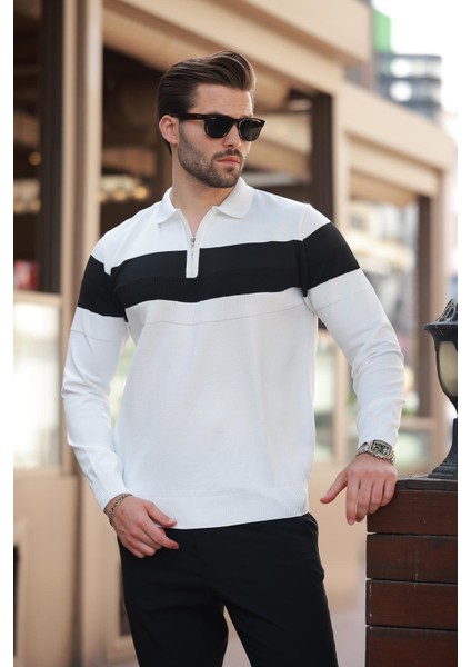 Beyaz Fermuarlı Polo Yaka Çizgili Uzun Kollu Kazak E7288