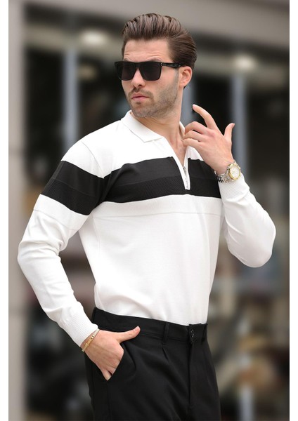 Beyaz Fermuarlı Polo Yaka Çizgili Uzun Kollu Kazak E7288 fiyatları