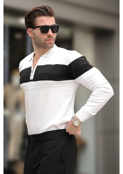 Beyaz Fermuarlı Polo Yaka Çizgili Uzun Kollu Kazak E7288 modelleri