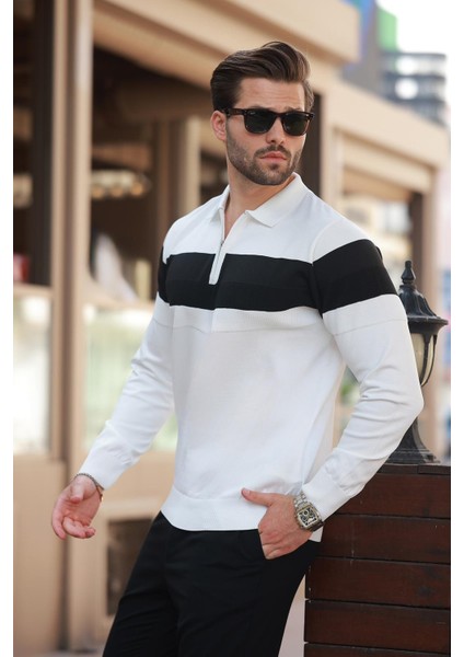 Beyaz Fermuarlı Polo Yaka Çizgili Uzun Kollu Kazak E7288 fırsatları