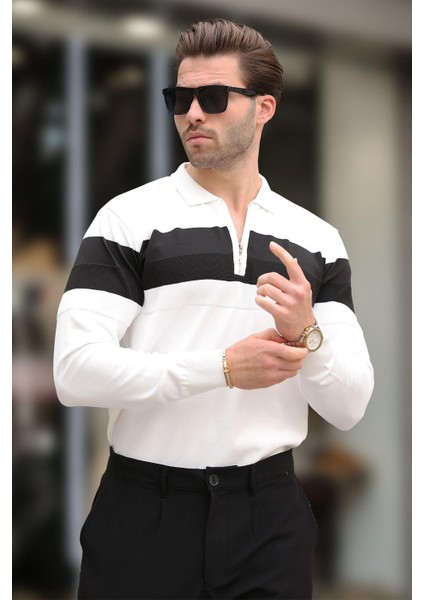 Beyaz Fermuarlı Polo Yaka Çizgili Uzun Kollu Kazak E7288 indirimleri