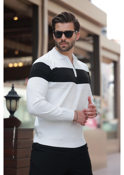 Beyaz Fermuarlı Polo Yaka Çizgili Uzun Kollu Kazak E7288