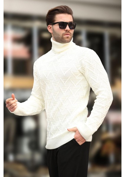 Ekru Balıkçı Yaka Desenli Erkek Kazak E7292