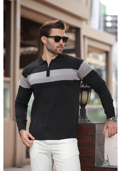 Siyah Fermuarlı Polo Yaka Çizgili Uzun Kollu Kazak E7288